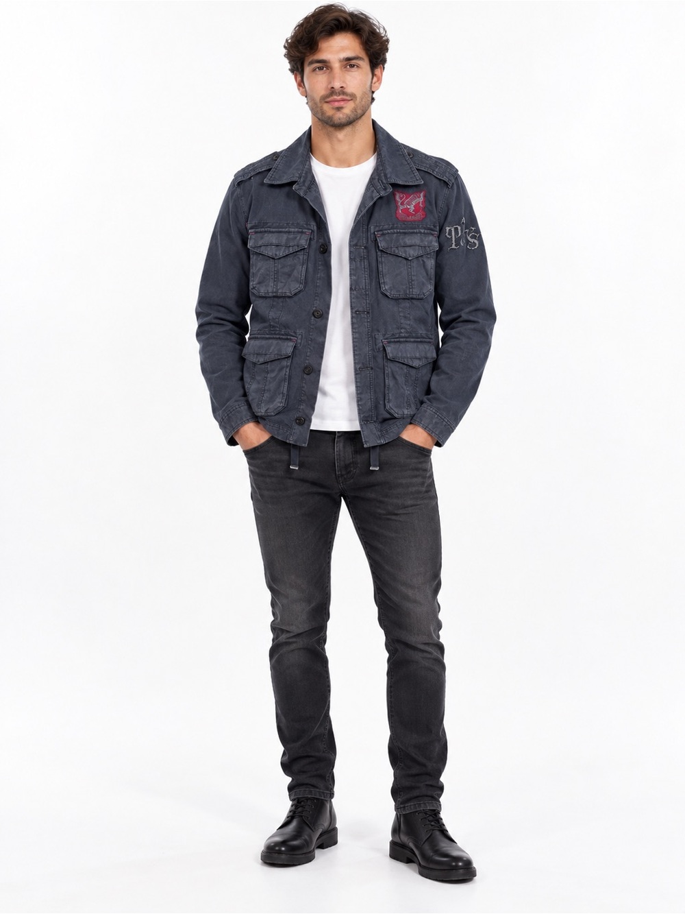 Zara Man XL Navy Military Utility Jacket Embroidered 4-Pocket Field Coat Y2K